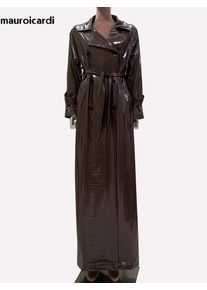 Mauroicardi Spring Autumn Thin Flowy Soft Shiny Reflective Patent Faux Leather Trench Coat for Women Floor Length Overcoat 2024