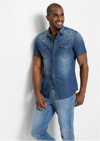 Kortärmad jeansskjorta i ekologisk bomull smal passform - blå - storlek 43/44 (XL) - bonprix