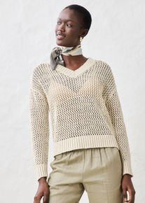 bonprix Sweter ażurowy z lekkiej mieszanki lnu, beżowy, 40/42
