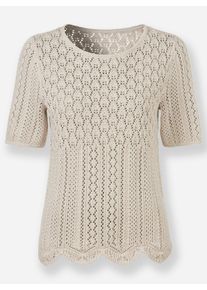 Damen Ajourpullover mit gewelltem Saum in sesam-ecru-meliert ,Gr&ouml;&szlig;e 36, WITT, 100% Baumwolle