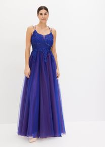 Maxikleid aus zartem Tüll mit Spitze, blau, Größe 38, bonprix