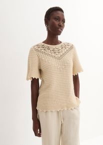 Sweter ażurowy z domieszką lnu, beżowy, 44/46, bonprix