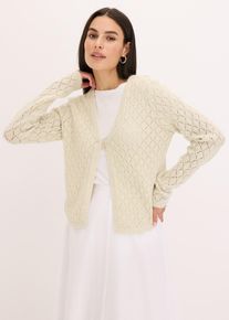 bonprix Krótki sweter rozpinany z cekinami, beżowy, 44/46