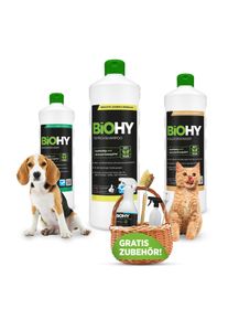 BiOHY Happy pet set + accessories, odor neutralizer, carpet, upholstery, floor cleaner, spray bottle, dish brush, dispenser