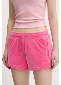Juicy Couture pantaloni scurți de catifea TAMIA femei, culoarea roz, cu imprimeu, medium waist, JCWH121001