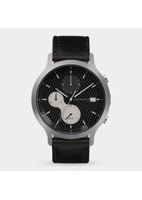Orologio Cronografo da Uomo - Argento Nero - Cassa in Acciaio Chirurgico Spazzolato, Vetro Zaffiro, Cinturino in Pelle - Display della Data - 42mm ,