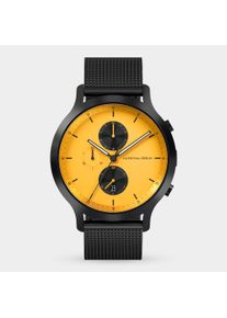 Orologio Cronografo da Uomo - Nero Giallo - Cassa in Acciaio Chirurgico, Vetro Zaffiro, Cinturino in Maglia - Display della Data - 42mm , Movimento al
