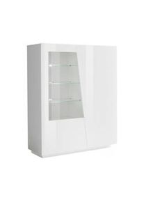 Dmora Vetrina Nevio, Credenza con anta a vetro, Mobile da soggiorno multiuso con luce LED, 100% Made in Italy, cm 120x43h146, Bianco lucido