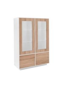 Dmora Vetrina Bettino, Credenza a 4 ante con ripiani in vetro, Mobile da soggiorno multiuso, 100% Made in Italy, cm 100x41h146, Bianco lucido e Noce