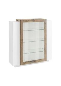 Dmora Vetrina Nicea, Credenza con anta a vetro, Mobile da soggiorno multiuso con luce LED, 100% Made in Italy, cm 120x45h115, Bianco lucido e Acero