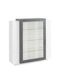 Dmora Vetrina Nicea, Credenza con anta a vetro, Mobile da soggiorno multiuso con luce LED, 100% Made in Italy, cm 120x45h115, Bianco lucido e Ardesia