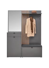 Voleo Garderobe , Graphitfarben, Eiche Artisan , Glas, Textil, Holzwerkstoff , 1 Schubladen , 143.5x198x40 cm , FSC MIX , Garderobe, Garderoben-Sets &