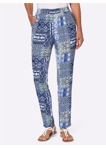 Dames Broek met print in patchworkdessin in koningsblauw/ecru bedrukt ,maat 36, WITT, 100% Polyester