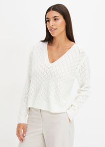 bonprix Krótki sweter w ażurowy wzór, biały, 44/46
