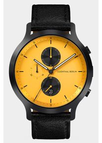 Men's Chronograph Watch - Black Yellow - Surgical Steel Case, Sapphire Glass, Black Leather Strap - Date Display - 42mm , Quartz Movement by Ronda -