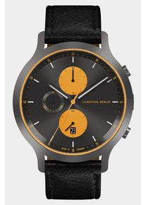 Men's Chronograph Watch - Dark Silver Black - Surgical Steel Case, Sapphire Glass, Black Leather Strap - Date Display - 42mm , Quartz Movement by