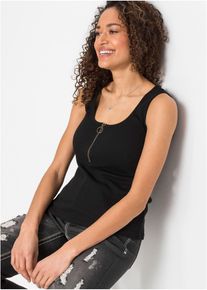 Top côtelé à encolure zippée - noir - taille 34/36 (XS) - 100% coton,Matière côtelée - bonprix