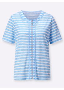 Damen Shirtjacke mit kurzen Ärmeln, geringelt in aqua-ecru-geringelt ,Größe 36, WITT, 65% Polyester, 35% Viskose