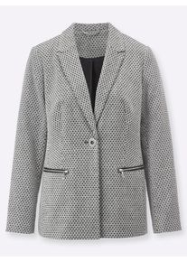 Damen Jacquardblazer mit Rei&szlig;verschluss-Taschen in ecru-schwarz-gemustert ,Gr&ouml;&szlig;e 46, WITT, 80% Polyester, 20% Baumwolle