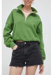 Abercrombie & Fitch pantaloni scurti jeans femei, culoarea negru, neted, high waist