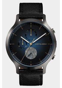 Men's Chronograph Watch - Dark Silver Blue - Surgical Steel Case, Sapphire Glass, Black Leather Strap - Date Display - 42mm , Quartz Movement by Ronda