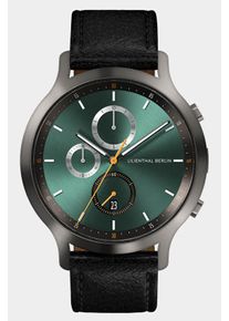 Men's Chronograph Watch - Dark Silver Green - Surgical Steel Case, Sapphire Glass, Black Leather Strap - Date Display - 42mm , Quartz Movement by