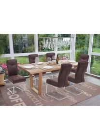 6er-Set Esszimmerstuhl HWC-G56, Küchenstuhl Freischwinger Stuhl, Textil Wildleder-Optik ~ braun