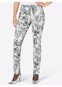 Dames Broek met print van katoensatijn in ecru/grafiet bedrukt ,maat 36, WITT, 97% Katoen, 3% Elastan