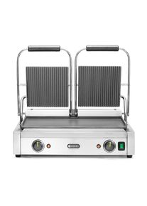 Grill de contact - modèle double, Hendi, dessus rainuré et dessous lisse, 230V/3600W, 570x395x(H)510mm| Professionnel | HoReCa | CHR