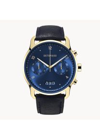 deTomaso Men's Watch - Gold Blue - Chronograph, case made of surgical steel, sapphire-hardened mineral glass, Leather Strap, 42mm diameter, Japanese quartz
