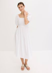 Midi jurk met pofmouwen en gesmokt detail - wit - maat 48 - met katoen - bonprix