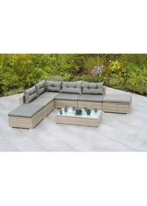 Gardenson Loungegarnitur , Naturfarben , Glas , 7-teilig , Füllung: Schaumstoff , Eckteil , Tisch höhenverstellbar, Tisch mit Glasplatte , Gartenmöbel, Loungemöbel, Loungegarnituren
