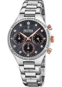 Festina Chronograaf Boyfriend Collection Horloge, quartzhorloge, dameshorloge, stopwatchfunctie, stalen armband dames horloges zilver(kleur)