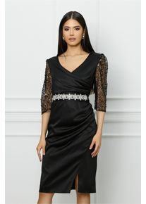 Rochie Ella Collection Atena neagra cu maneci din dantela si cordon in talie