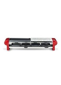 H.Koenig RP4 Raclette para 4 Personas, Plancha de Piedra Natural, Grill, 600 W, Acero Inoxidable, Rojo, 4 Sartenes Antiadherentes