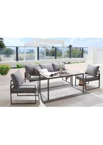 Ambia Garden Dining-Loungeset , Anthrazit, Grau, Schwarz , Metall, Glas, Textil , 4-teilig , Füllung: Schaumstoff,Polyester , eckig , 317x67x139 cm ,
