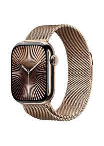 Smartwatch Apple Watch 10 GPS Cellular, Carcasa Gold Titanium 42mm, ecran LTPO OLED, 64GB, curea inox Gold Milanese Loop