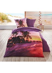 Vändbart påslakanset med strandmotiv - lila - storlek 135x200 cm - bonprix