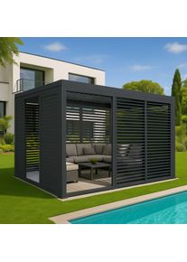 Alu Pergola HWC-L46, Pavillon Terrassenüberdachung, 6x Lamellenpaneel 6x Schiebetüren, 11cm-Gestell, 3x3m ~ anthrazit