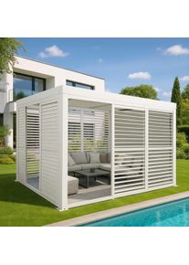 Alu Pergola HWC-L46, Pavillon Terrassenüberdachung, 6x Lamellenpaneel 6x Schiebetüren, 11cm-Gestell, 3x3m ~ weiß