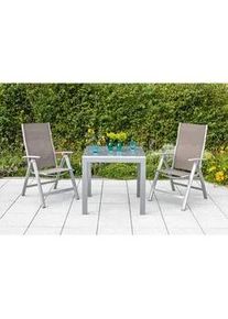 Gardenson Balkonset , Silberfarben, Taupe , Metall, Glas, Textil , 3-teilig , Tisch ausziehbar, Stuhl klappbar, Tisch mit Glasplatte , Gartenmöbel, Gartengarnituren