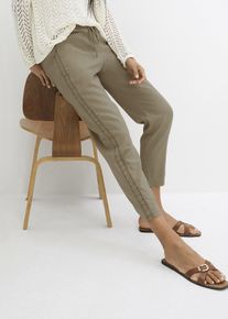 Leinenhose mit seitlichem Spitzeneinsatz knöchelfrei, grün, Größe 50, Leinen,Viskose, bonprix