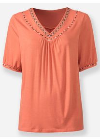 Dames Shirt met korte mouwen en borduursel in papaya ,maat 36, WITT, 95% Viscose, 5% Elastan