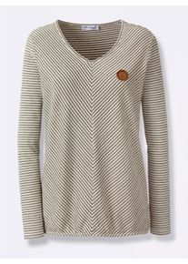 Dames Shirt met lange mouwen en elastische zoom in olijf/ecru gedessineerd ,maat 36, WITT, 60% Viscose, 40% Katoen