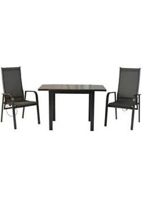 Gardenson Gartenset , Graphitfarben , Metall, Textil , 3-teilig , Uni , Tisch ausziehbar, Tisch mit Glasplatte, Rückenlehne mehrfach verstellbar , Gartenmöbel, Gartengarnituren
