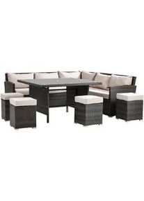 Ambia Garden Dining-Loungeset , Creme, Grau , Metall, Kunststoff, Glas, Textil , 21-teilig , Füllung: Schaumstoff,Schaumstoff , Eckteil, L-Form , 222x222 cm , Gartenmöbel, Gartengarnituren, Gartenmöbel-Sets