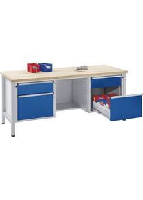 Werkbank, Gestellbauweise Serie V, Schubladen 2 x 180 mm, 2 x 360 mm, ½ Ablageboden, Buche massiv, Vollauszug ANKE