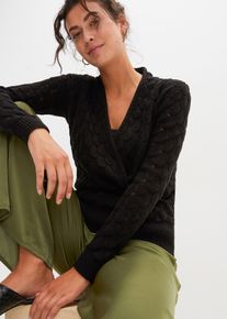 bonprix Sweter ażurowy w optyce kopertowego, czarny, 44/46