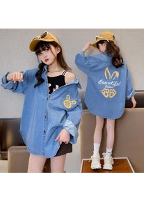High Fashion Cowgirl Denim Blouses with Rabbit Print for Teenage Girl Loose Casual Long Sleeve Denim Shirt Blouse for Kids Child