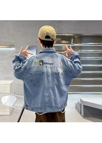 2025 Spring Autumn Children Blue Washed Denim Jacket For Boys Loose Long Sleeve Button Up Back Pockets Fashion Jeans Jacket Coat